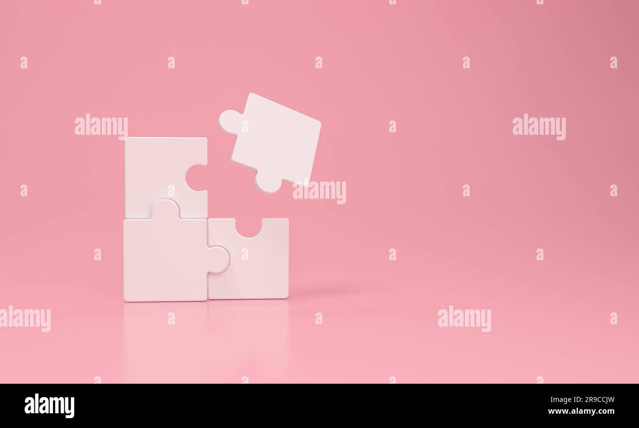Connection together puzzle pieces on a pink background. 3D rendering. Stock Photo