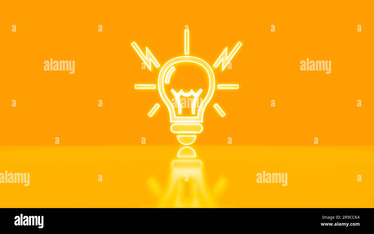 Neon light bulb icon. Glowing neon lamp ideas, innovation concept. 3D rendering. Stock Photo