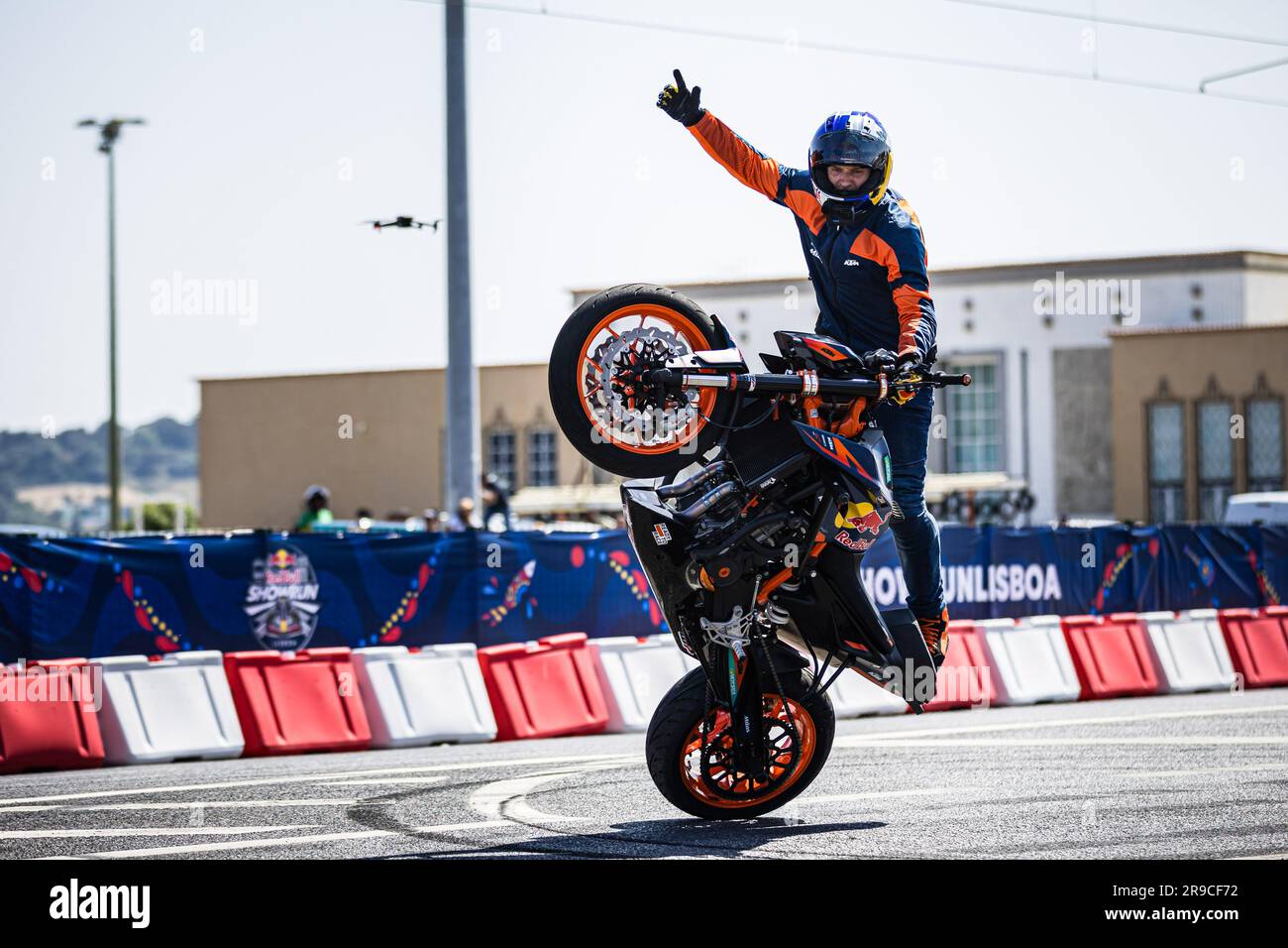 Lisbon, Portugal. 25th June, 2023. Lithuanian rider Aras Gibieza performs motorcycle stunts during the first edition of Red Bull Showrun in Lisbon. Credit: SOPA Images Limited/Alamy Live News Stock Photo