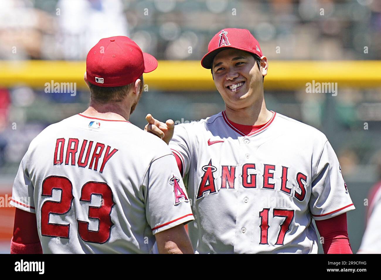 ANAHEIM, CA - APRIL 24: Los Angeles Angels first baseman Brandon Drury (23)  in the dugout wearing a Kabuto after hitting a home run in the tenth inning  during an MLB baseball