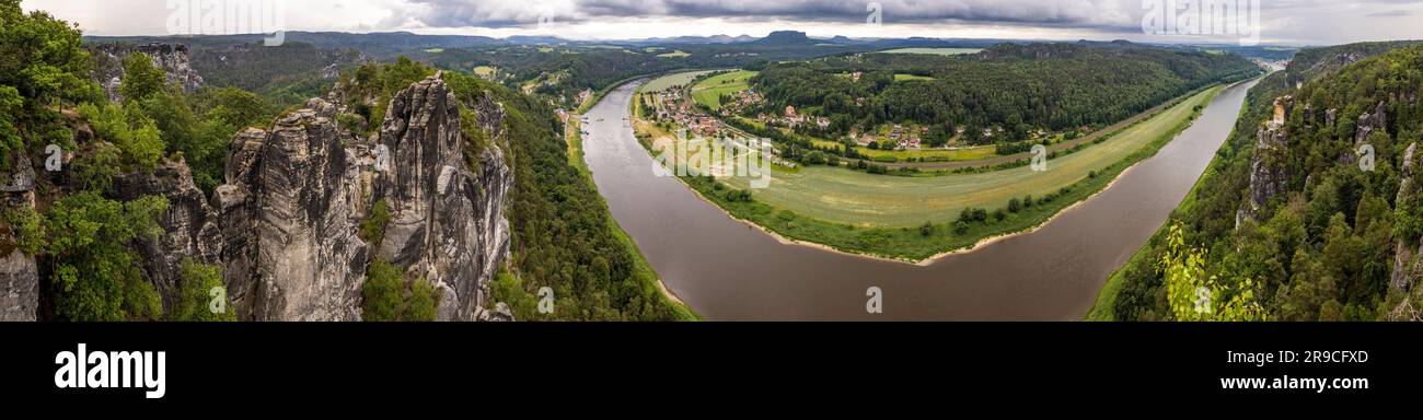 Panorama from the viewing platform at the Bastei. Elbe valley with sandstone formations and table mountains. Painter's Path through Saxon Switzerland. Rathen, Germany Stock Photo