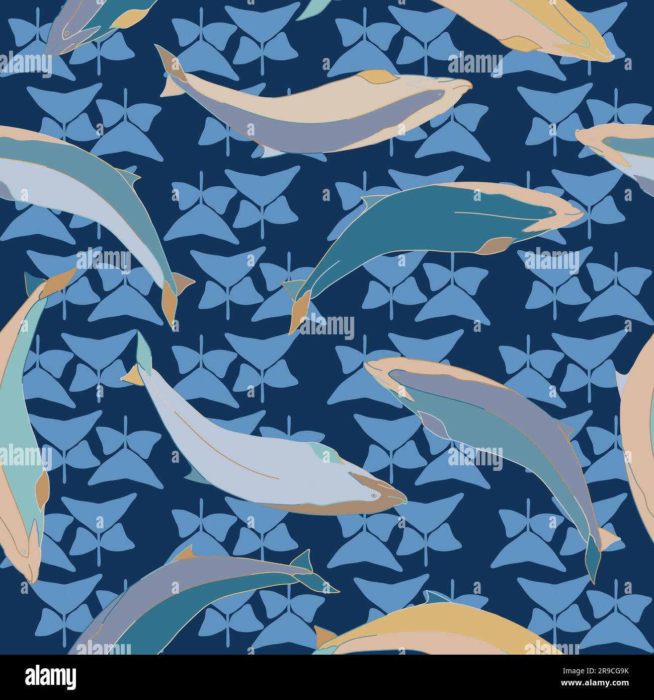 whales marine seamless pattern. Sea life vector illustration. Background repeat wallpaper cartoon doodle illustration design.  Stock Vector