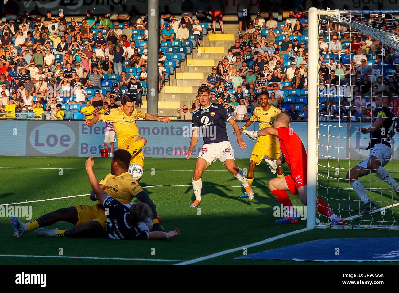 Drammen, Norway, 25th June 2023. Bodø/Glimt's Sondre Brunstad Fet scores only to have it cancelled by the referee in the match between Strømsgodset and Bodø/Glimt at Marienlyst stadium in Drammen.    Credit: Frode Arnesen/Alamy Live News Stock Photo