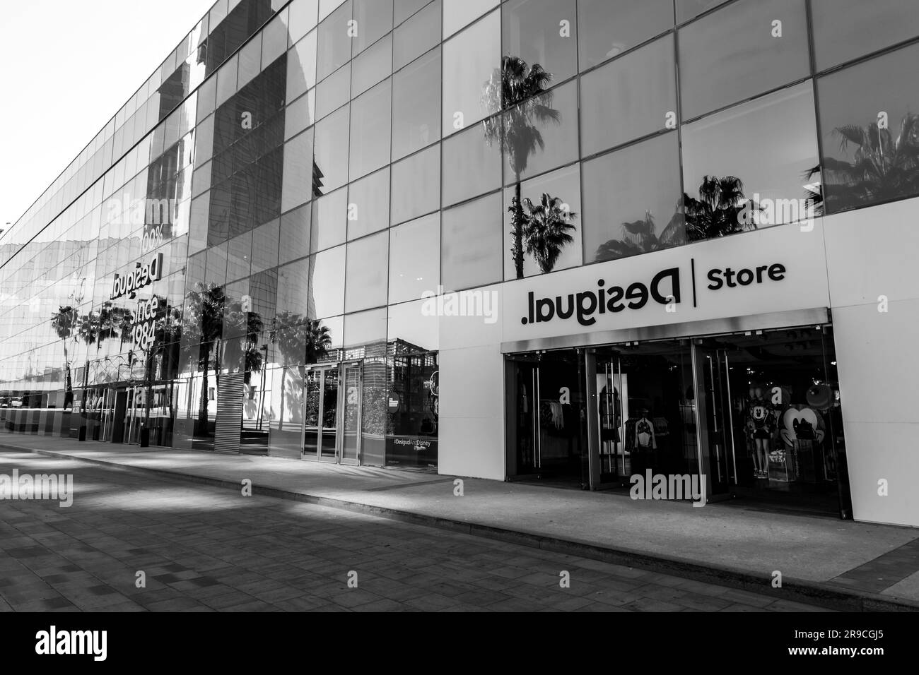 Barcelona, Spain - FEB 10, 2022: The head office of Desigual on Passeig del Mare Nostrum. The company was founded by Thomas Meyer in 1984, and is head Stock Photo