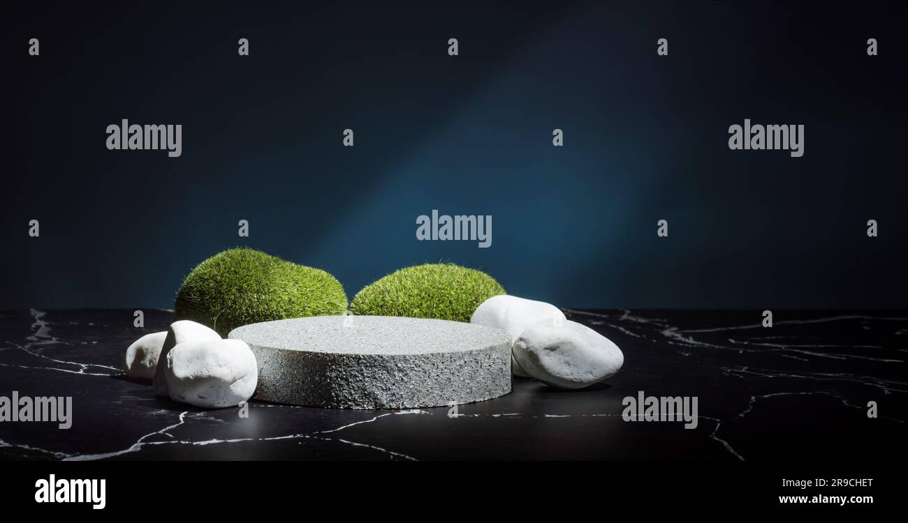 Stone pedestal stage product display background with nature moss on navy color.zen like backdrop Stock Photo