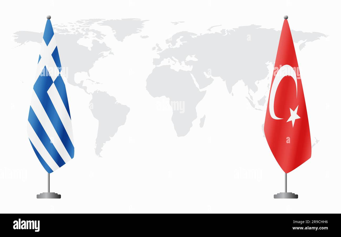 Greece and Turkey flags for official meeting against background of