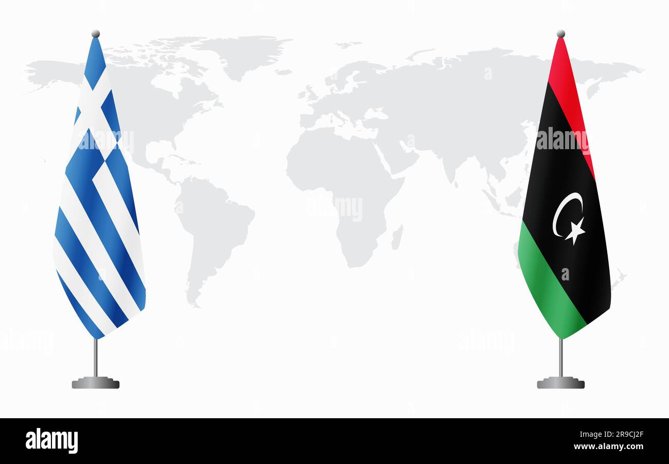 Greece and Libya flags for official meeting against background of world ...
