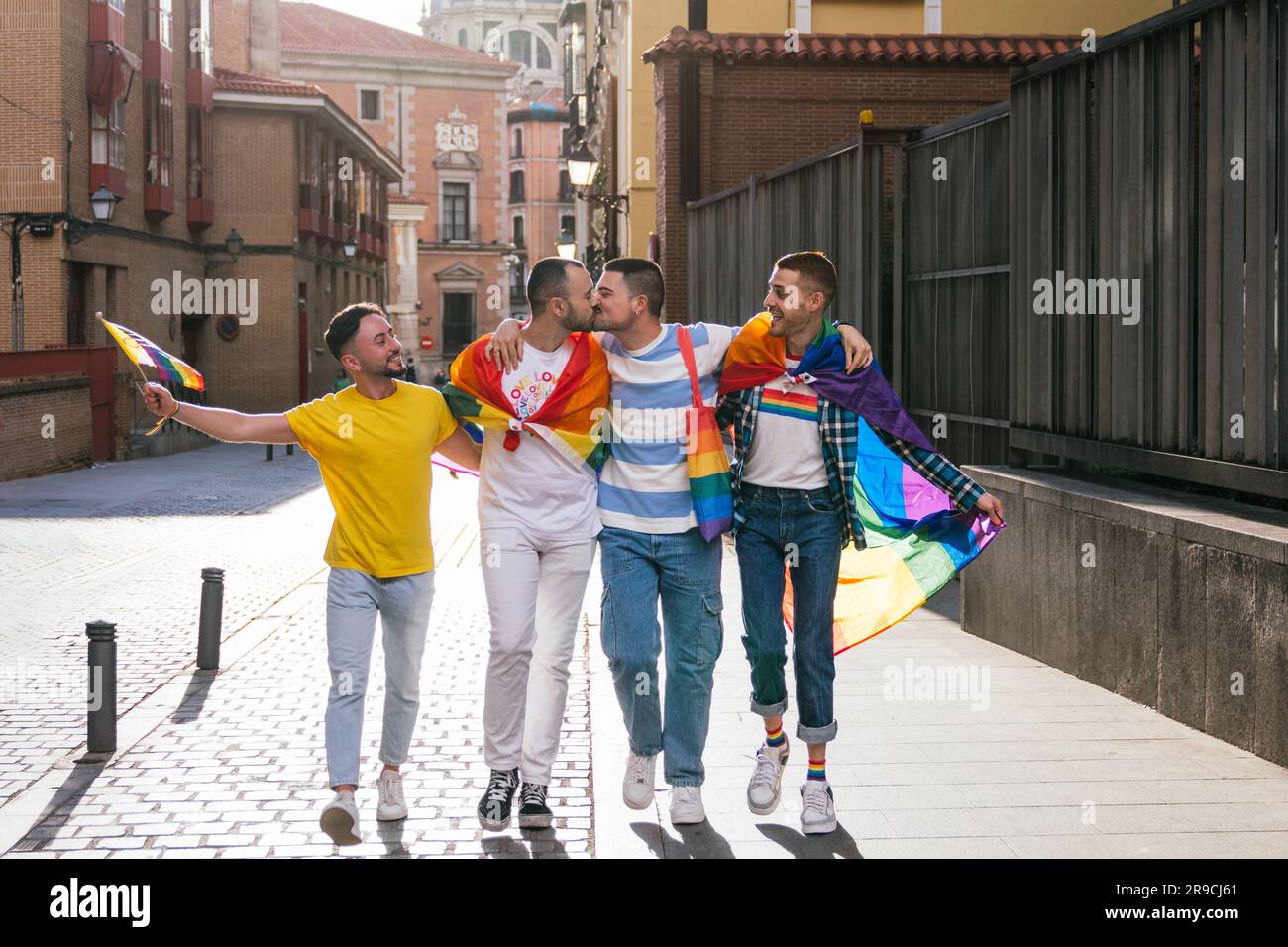 Sunny Street Serenade: Joyful Gay Friends Embrace, Adorned with LGBT ...