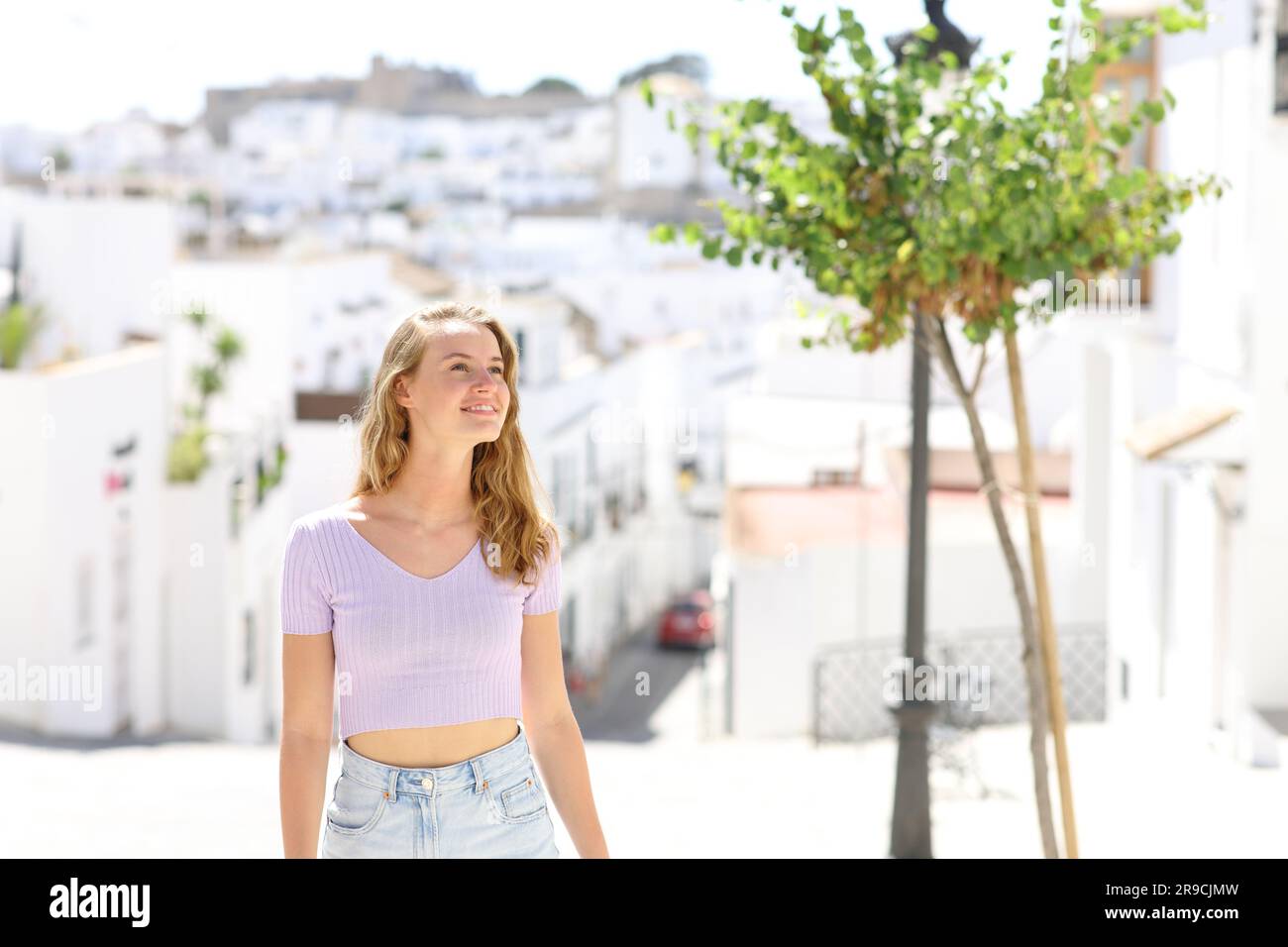 Happy girl tourist lady sunny hi-res stock photography and images - Alamy