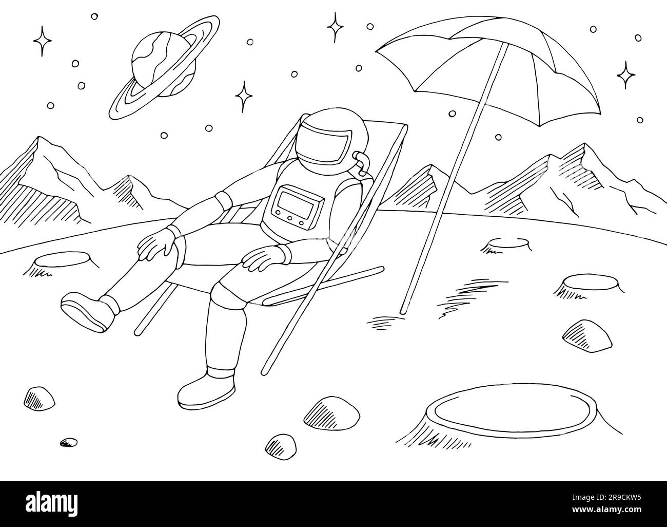 Astronaut is sitting in a sun lounger alien planet graphic black white space landscape sketch illustration vector Stock Vector