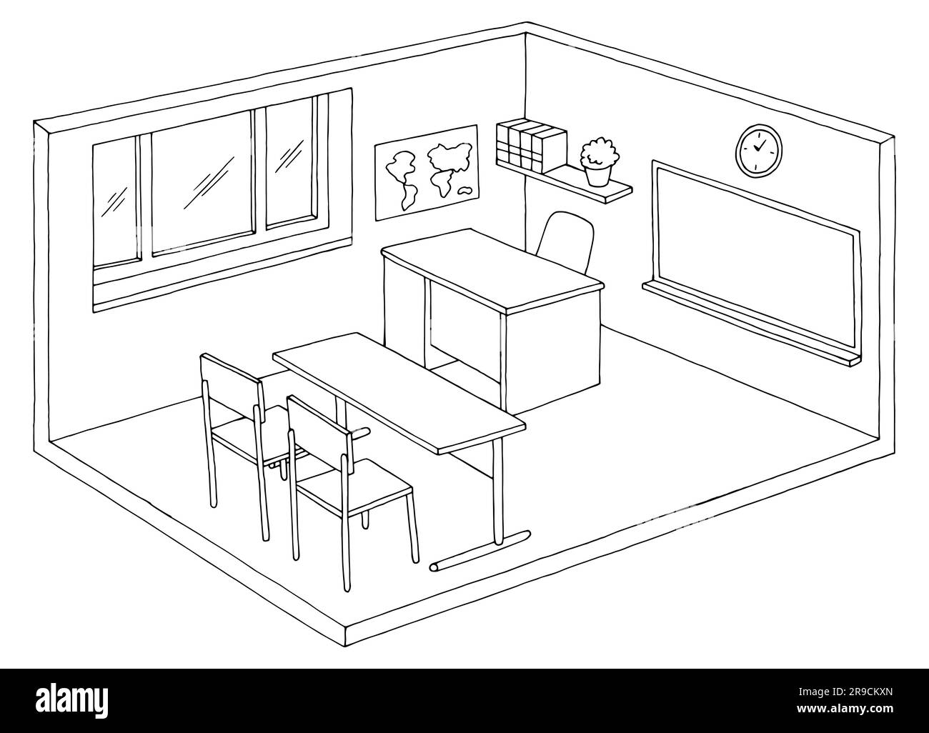 Classroom graphic black white interior isolated sketch illustration vector Stock Vector