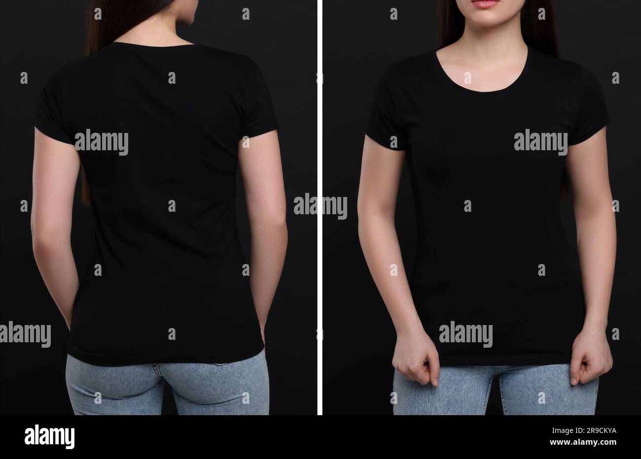 Woman wearing black t-shirt on dark background, back and front views