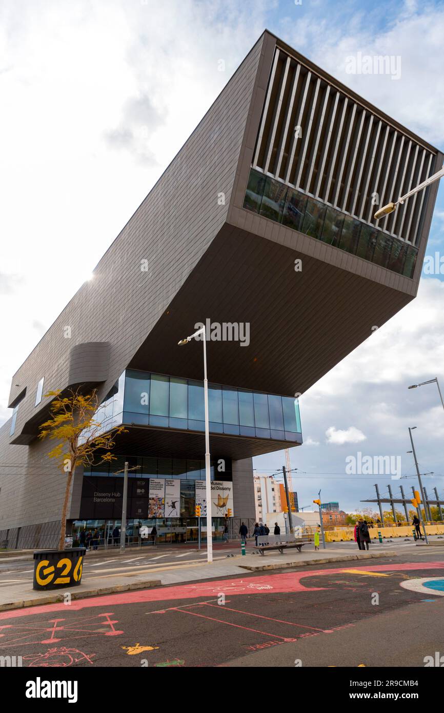 Barcelona, Spain - FEB 13, 2022: The Museu del Disseny de Barcelona, Barcelona Design Museum is a center for Institute of Culture, Placa de les Glorie Stock Photo