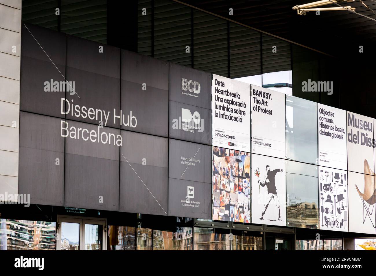 Barcelona, Spain - FEB 13, 2022: The Museu del Disseny de Barcelona, Barcelona Design Museum is a center for Institute of Culture, Placa de les Glorie Stock Photo
