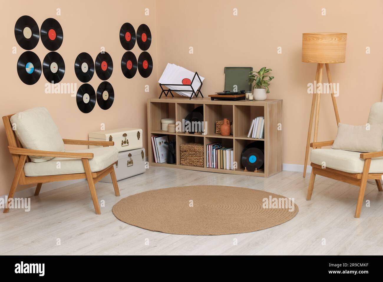 Living room interior decorated with vinyl records Stock Photo - Alamy