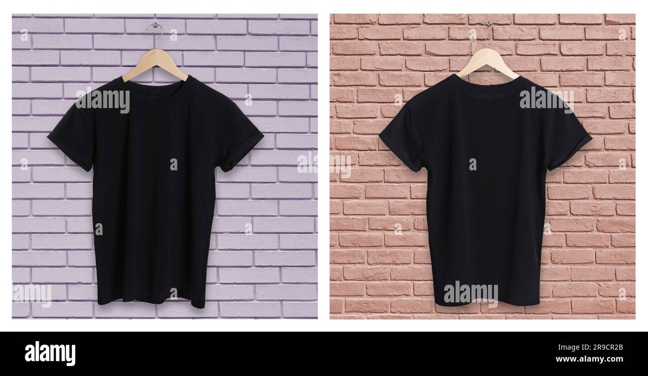 Stylish black t-shirts on brick walls, back and front views. Space for design Stock Photo