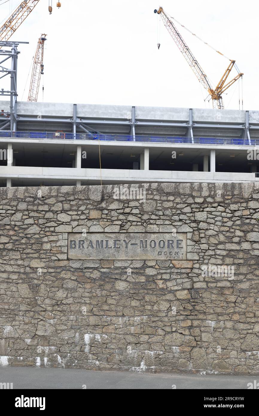 The new stadium for Everton Football Club rises above the walls of Bramley Moore dock, Liverpool waterfront.The stadium is due for completion in 2024. Stock Photo