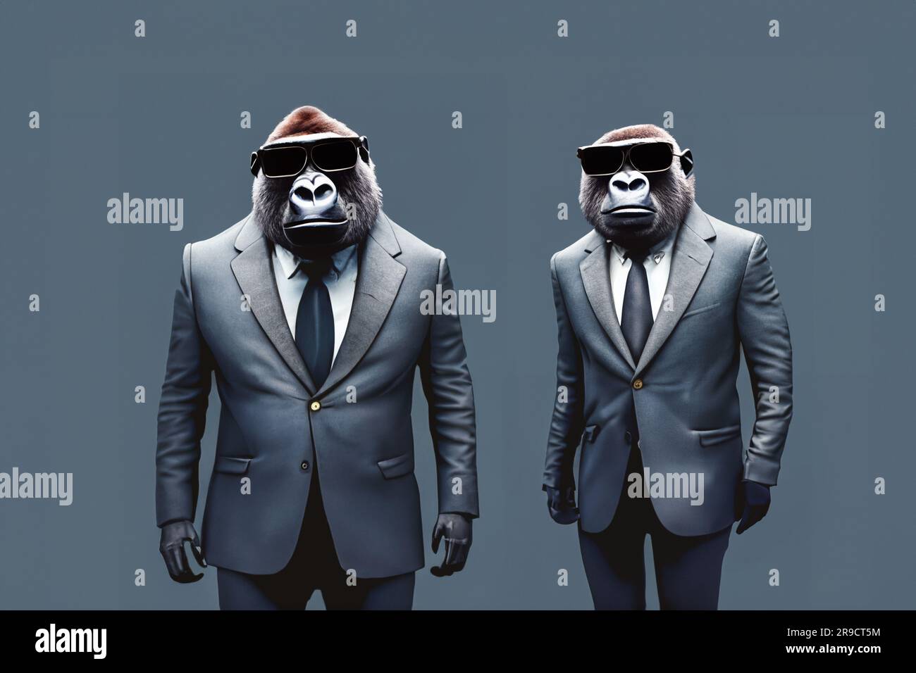 A gorilla in a business suit and sunglasses. Illustration. Two gorillas