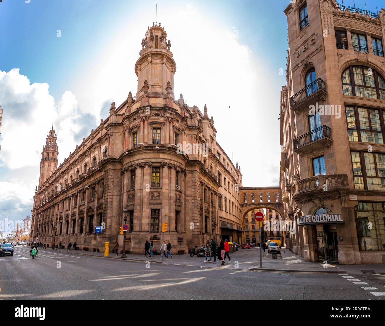 Barcelona, Spain - FEB 13, 2022: The Correos Building, Correus i Telegrafs in Catalan, is the headquarters  of the Post and Telegraph State Society, B Stock Photo