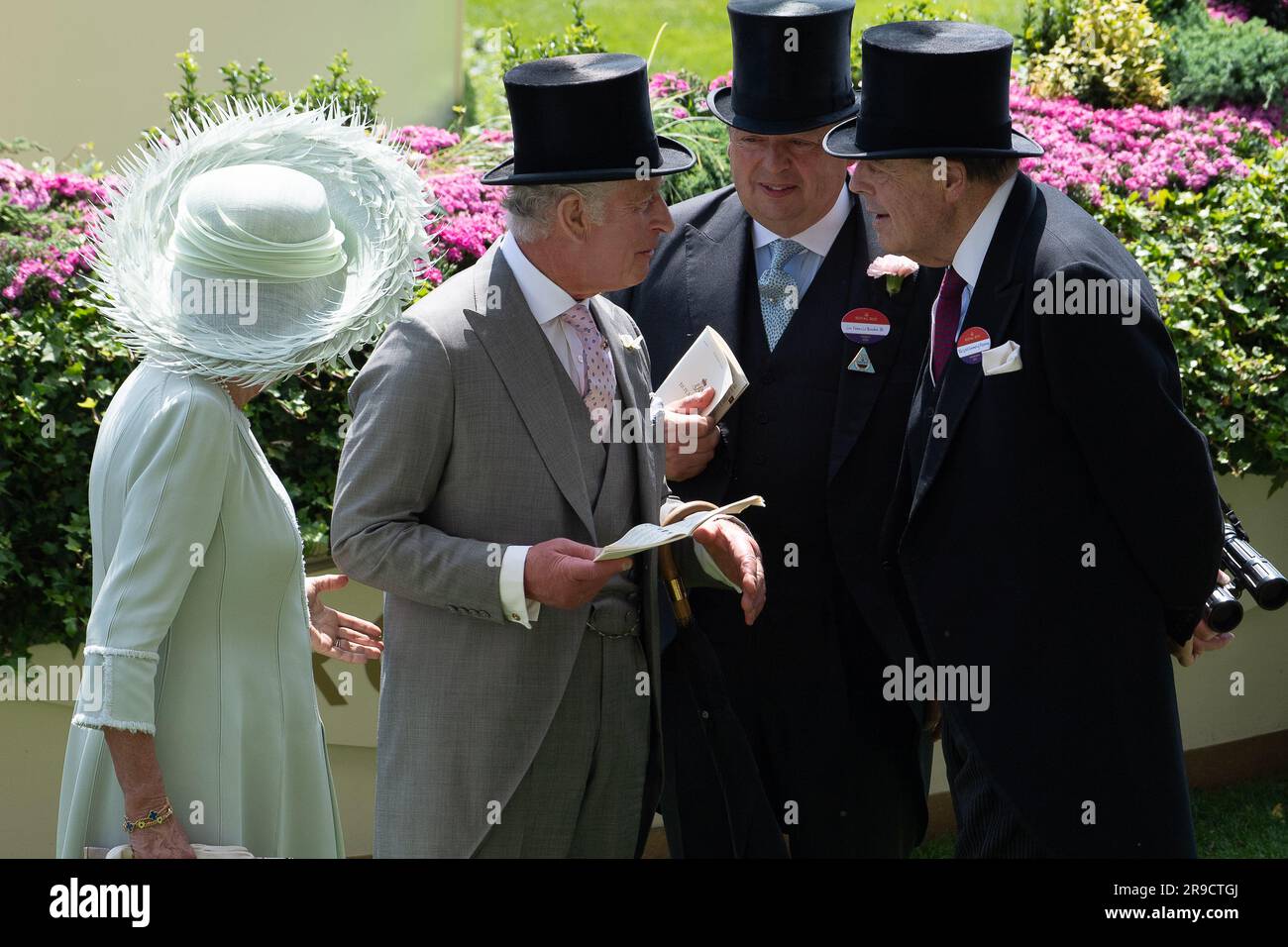 Ascot, Berkshire, UK. 22nd, June, 2023. King Charles III in the Parade Ring at Ascot Racecourse on Ladies Day chatting with Sir Francis Brooke His Majesty's Representative and The Rt. Hon the Lord Soames of Fletching (R). Credit: Maureen McLean/Alamy Stock Photo