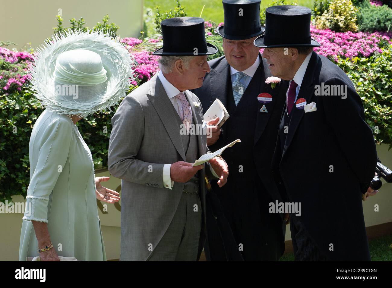 Ascot, Berkshire, UK. 22nd, June, 2023. King Charles III in the Parade Ring at Ascot Racecourse on Ladies Day chatting with Sir Francis Brooke His Majesty's Representative and The Rt. Hon the Lord Soames of Fletching (R). Credit: Maureen McLean/Alamy Stock Photo