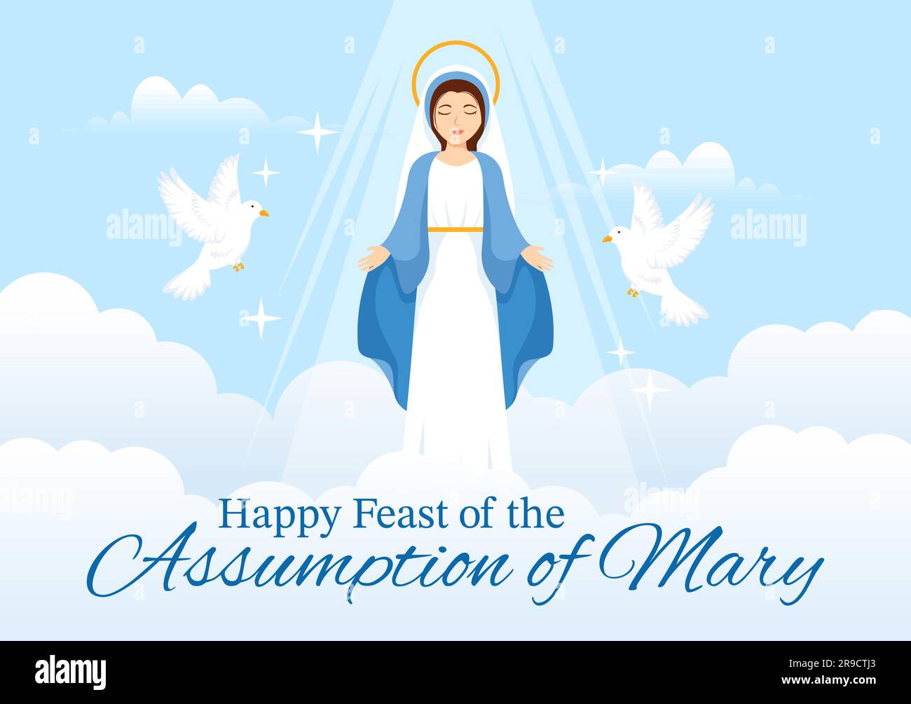 Assumption of Mary Vector Illustration with Feast of the Blessed Virgin and Doves in Heaven in Flat Cartoon Hand Drawn Background Templates Stock Vector