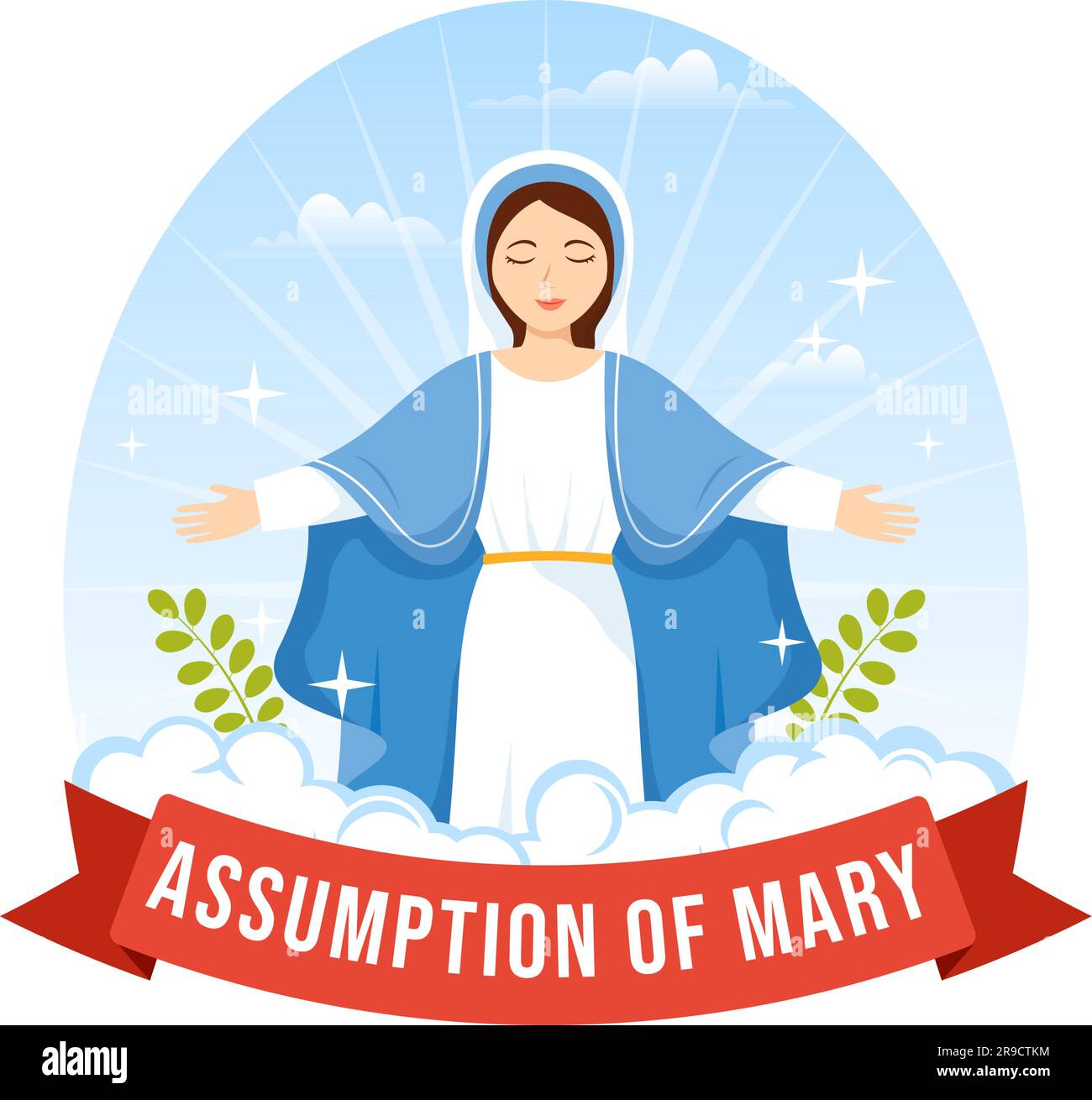 Assumption of Mary Vector Illustration with Feast of the Blessed Virgin and Doves in Heaven in Flat Cartoon Hand Drawn Background Templates Stock Vector
