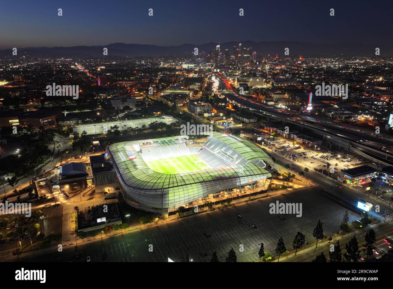 A general overall aerial view of BMO Stadium and downtown skyline, Sunday, June 25, 2023, in Los