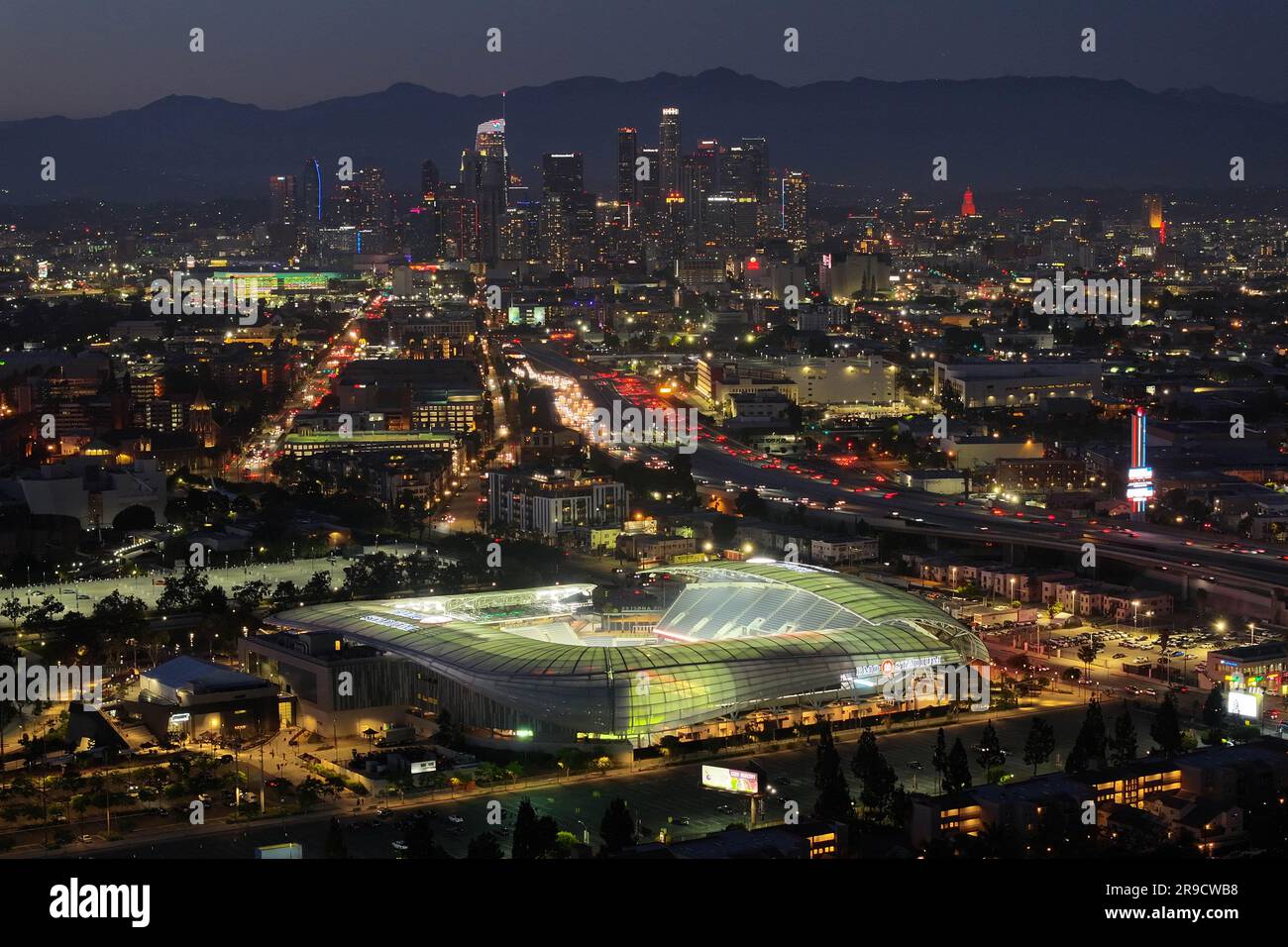 A general overall aerial view of BMO Stadium and downtown skyline, Sunday, June 25, 2023, in Los