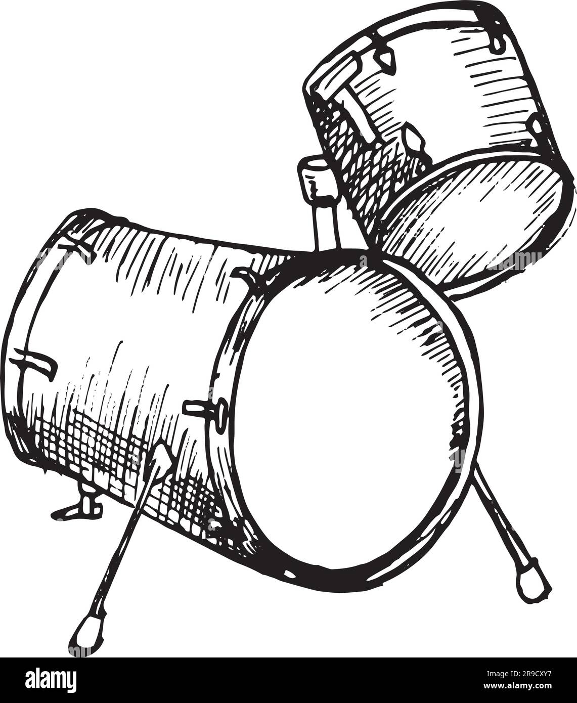 Drum kit vector illustration isolated. Musical instrument ink hand