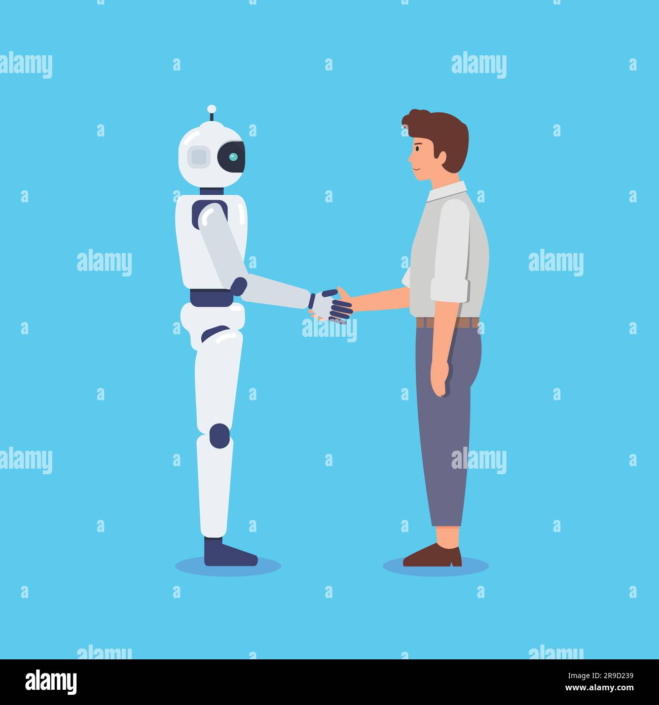 Handshake between man and robot. Human and AI Artificial Intelligence working together. Vector illustration Stock Vector