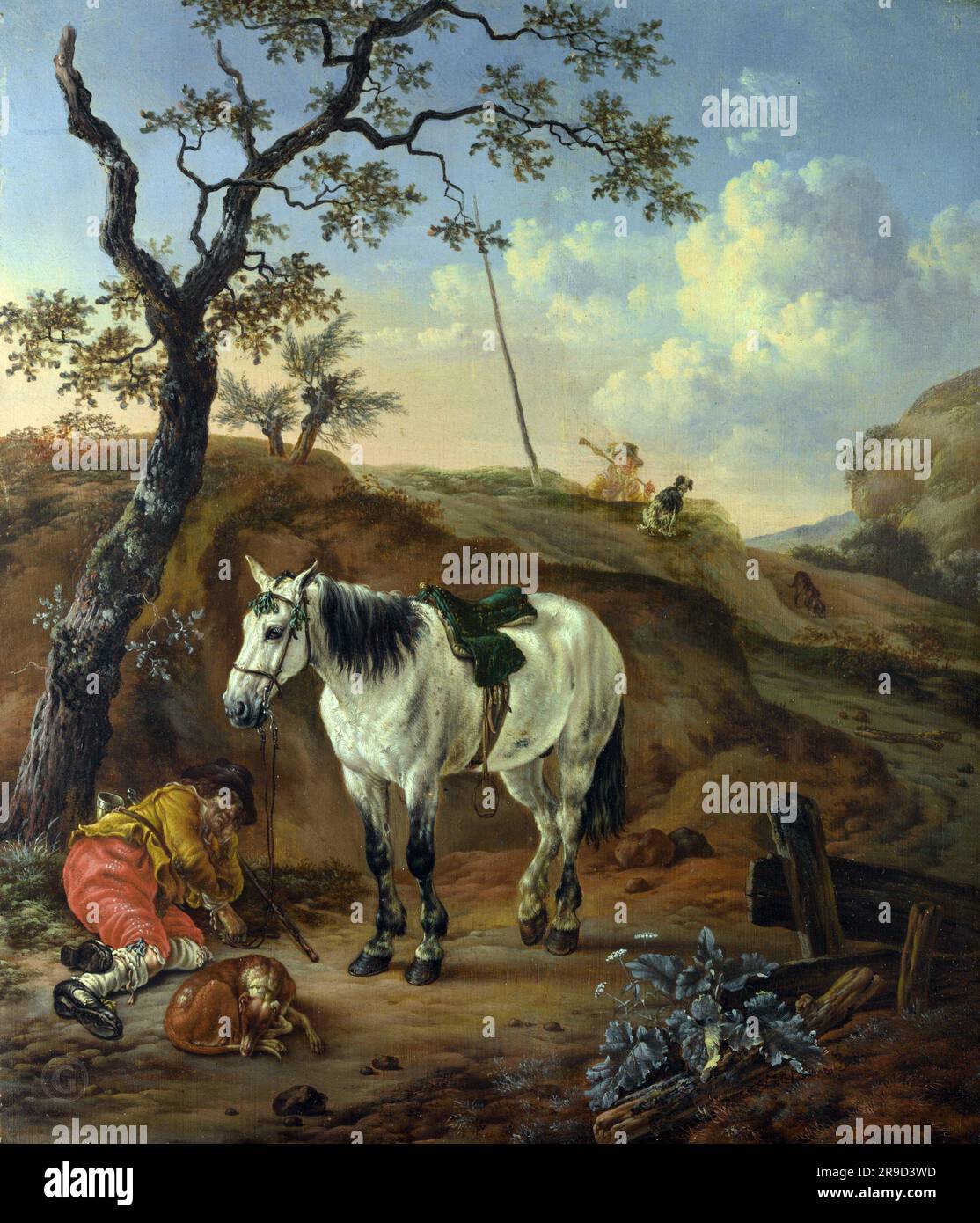 Pieter Verbeeck – A White Horse standing by a Sleeping Man Stock Photo