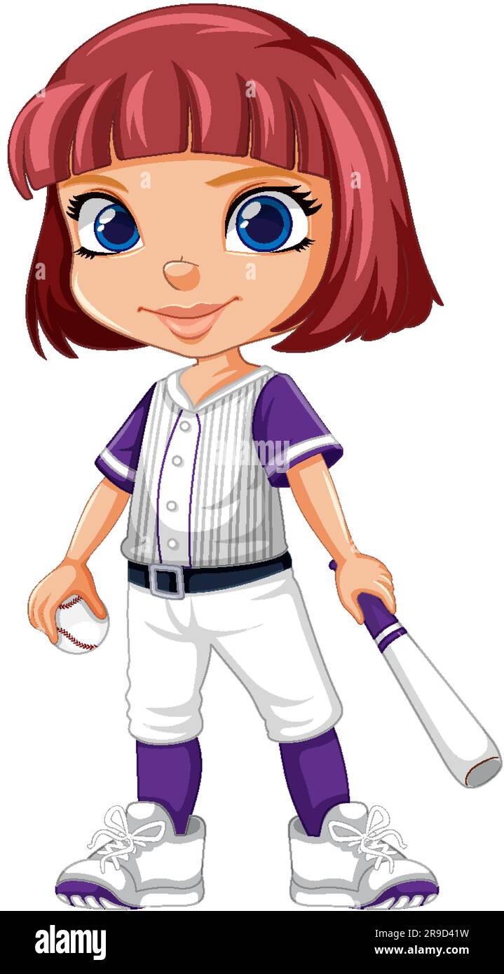 Cute girl baseball player cartoon character illustration Stock Vector