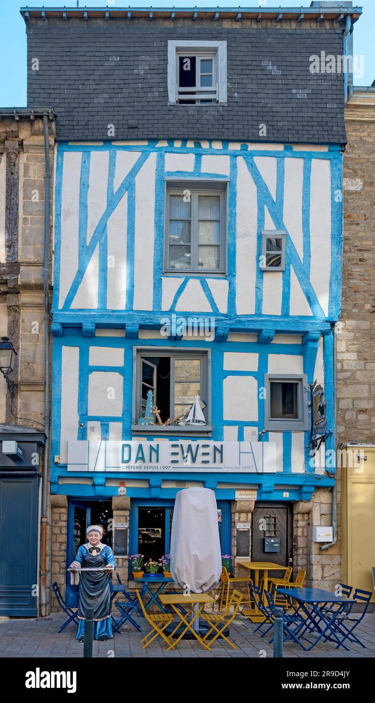 Creperie in a half-timbered house in the old center of the small town of Vannes in Brittany, France Stock Photo