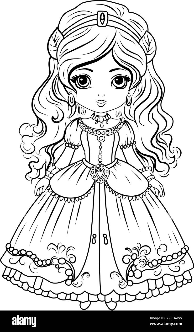 Princess coloring page. Coloring page princess in a crown and royal clothes Stock Vector