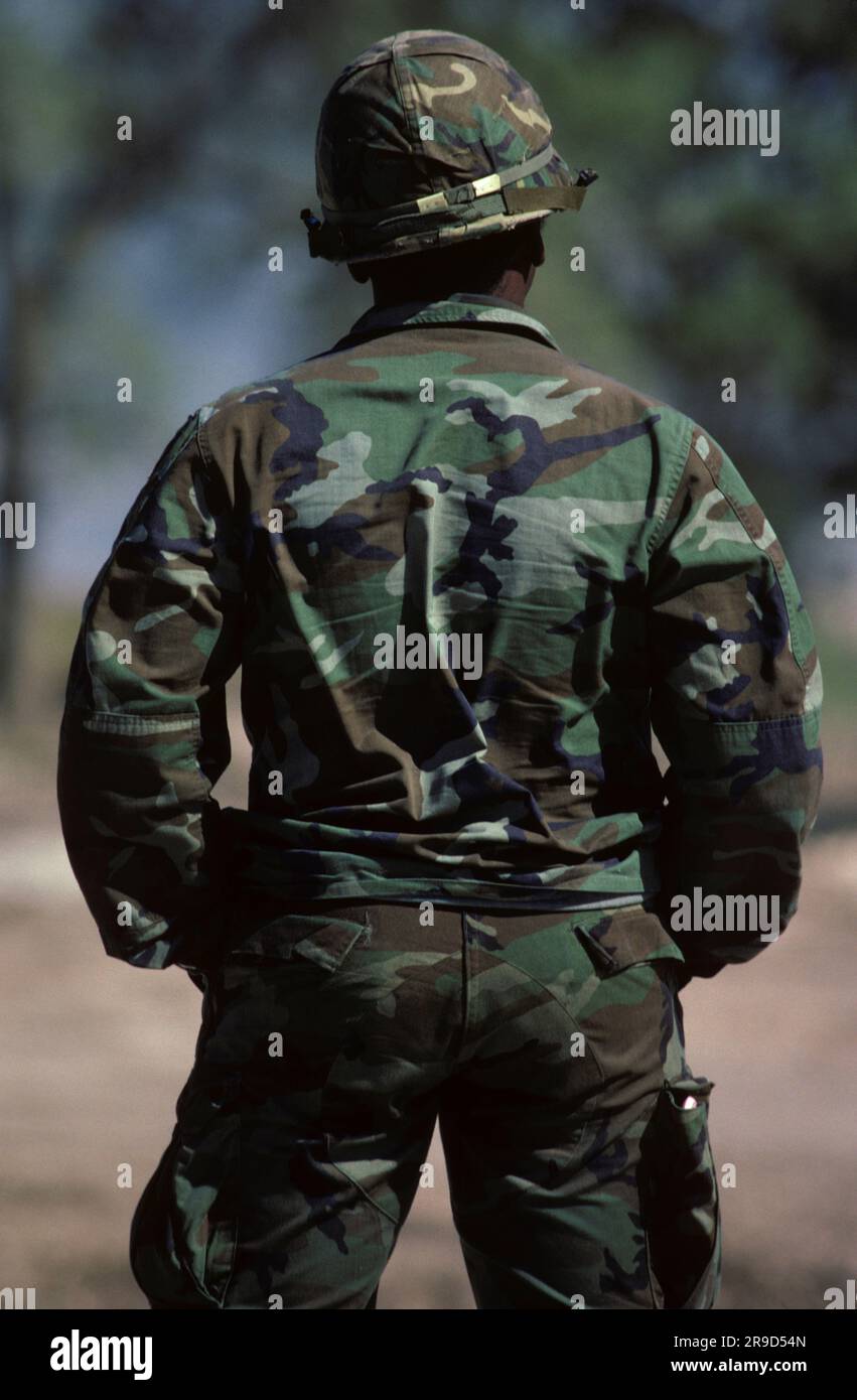 Back of soldier in Army fatigues at Fort Hood, Killeen, TX. Stock Photo