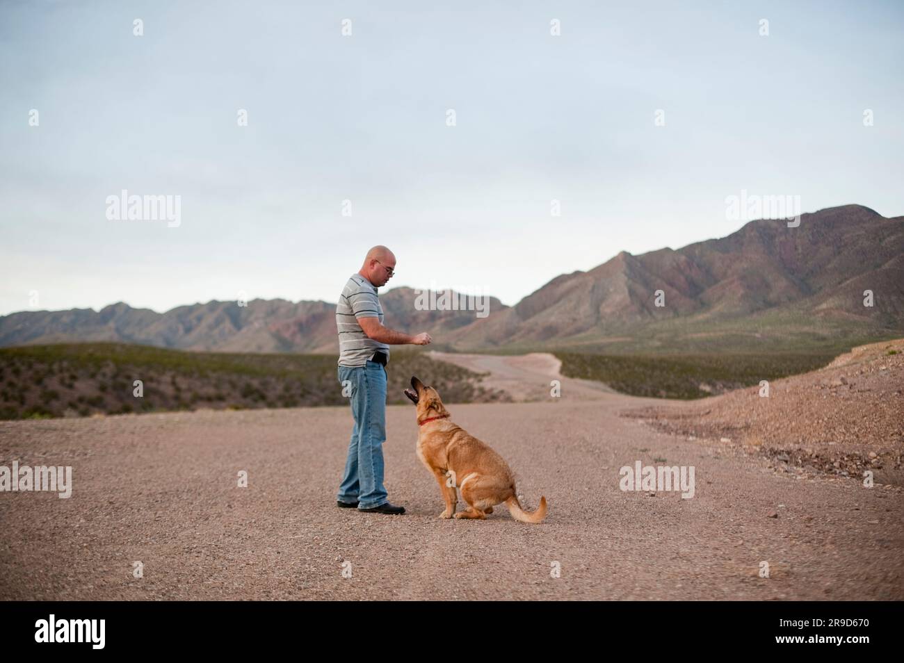 Iraq War Veteran with his dog on a walk near El Paso, TX Stock Photo