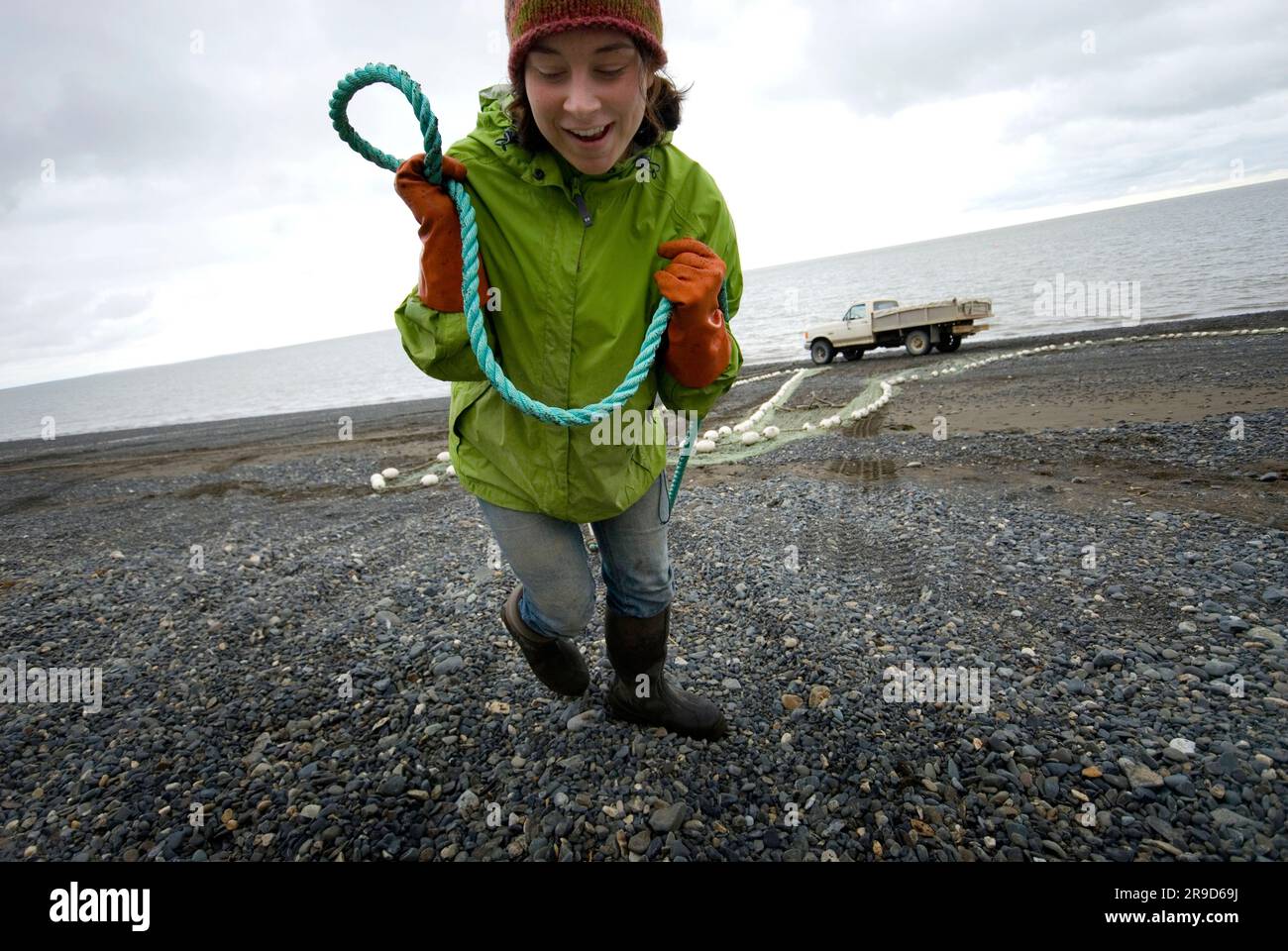 Hauling the net while set-net fishing. Ekuk, Alaska Stock Photo