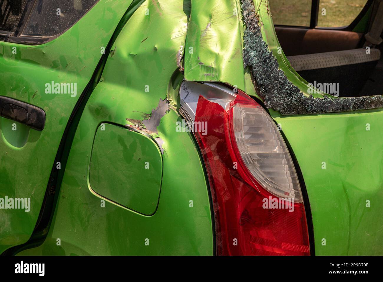 Hatchback car accident totally destroy the car closeup Stock Photo