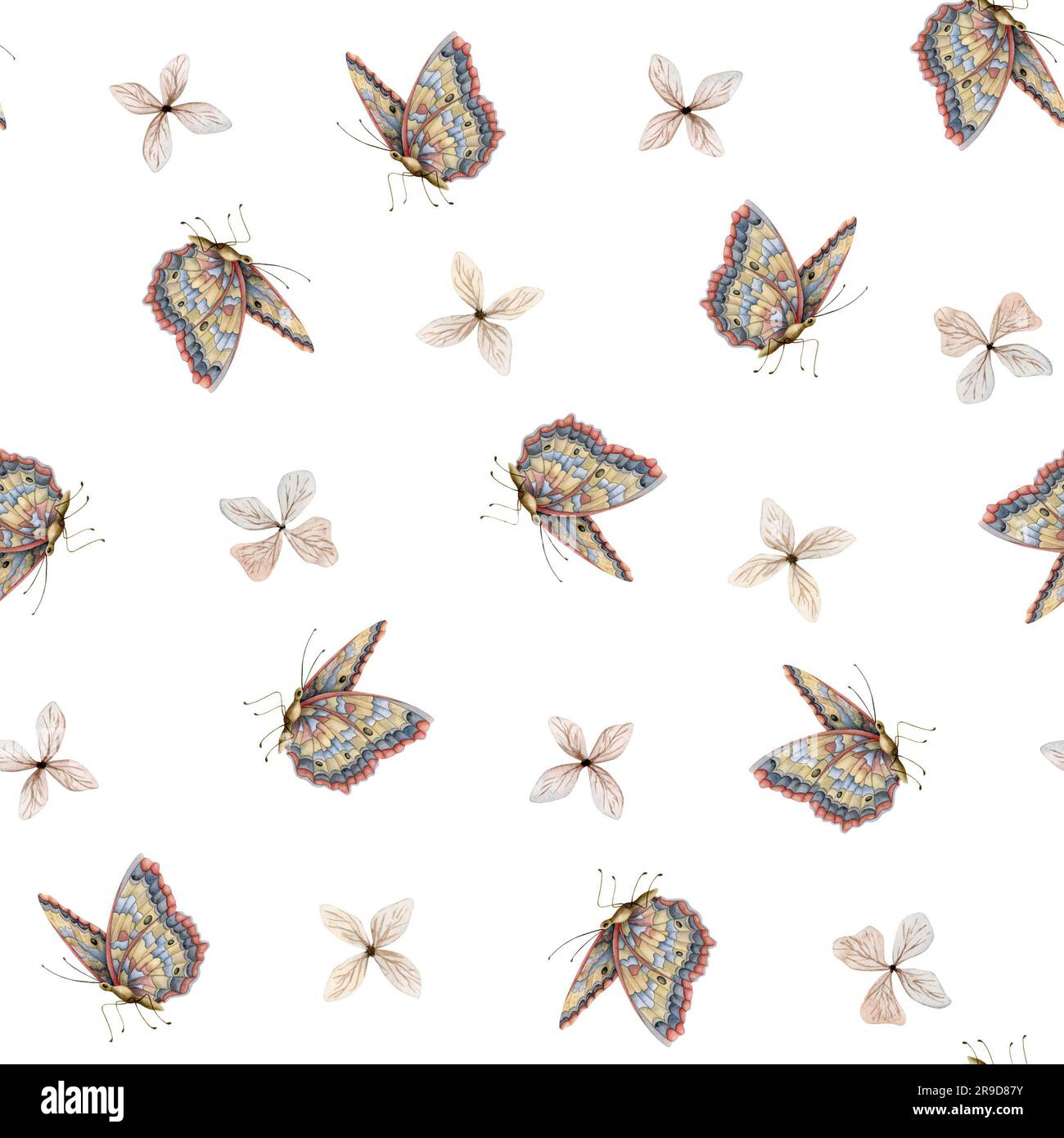 Watercolor butterflies and tiny beige flowers seamless pattern on white ...
