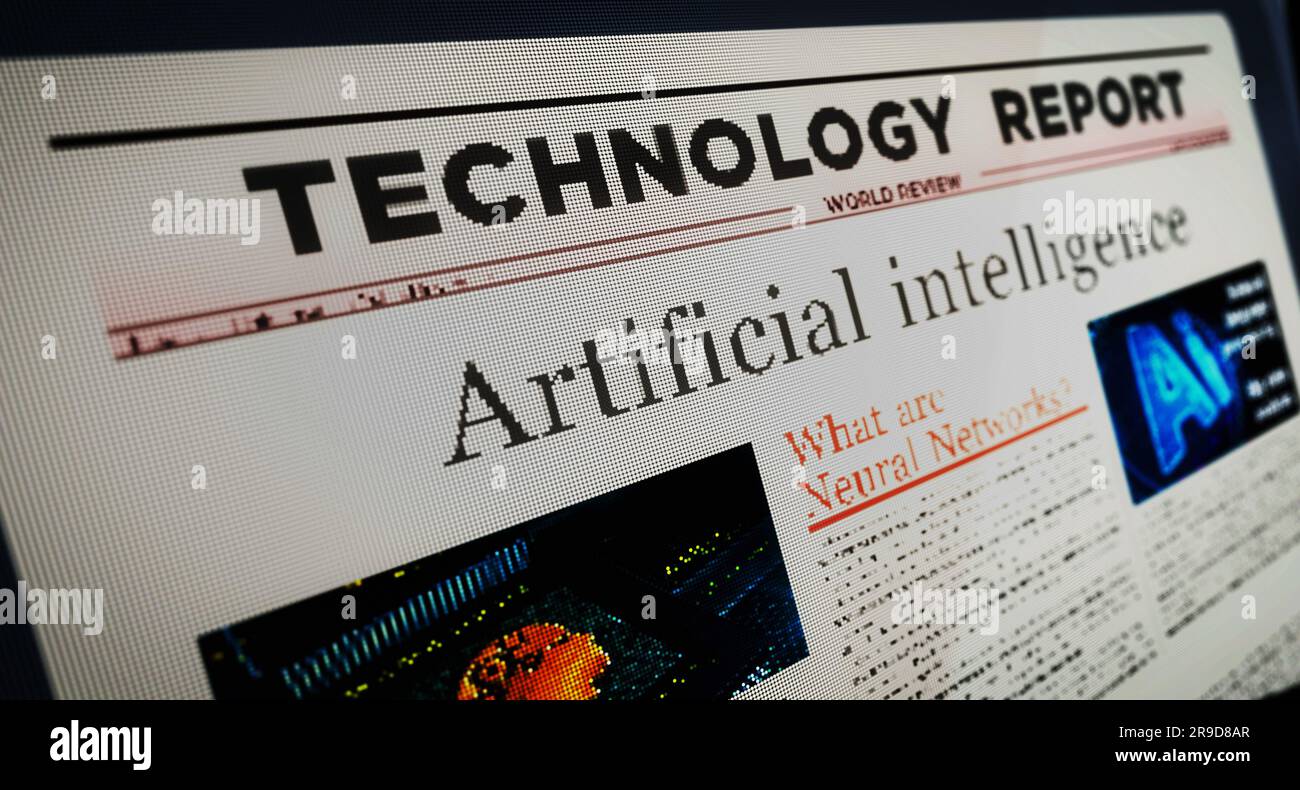 Artificial intelligence deep machine learning daily newspaper reading on mobile tablet computer screen. Man touch screen with headlines news abstract Stock Photo