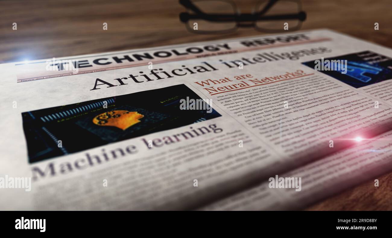 Artificial intelligence deep machine learning daily newspaper on table. Headlines news abstract concept 3d illustration. Stock Photo