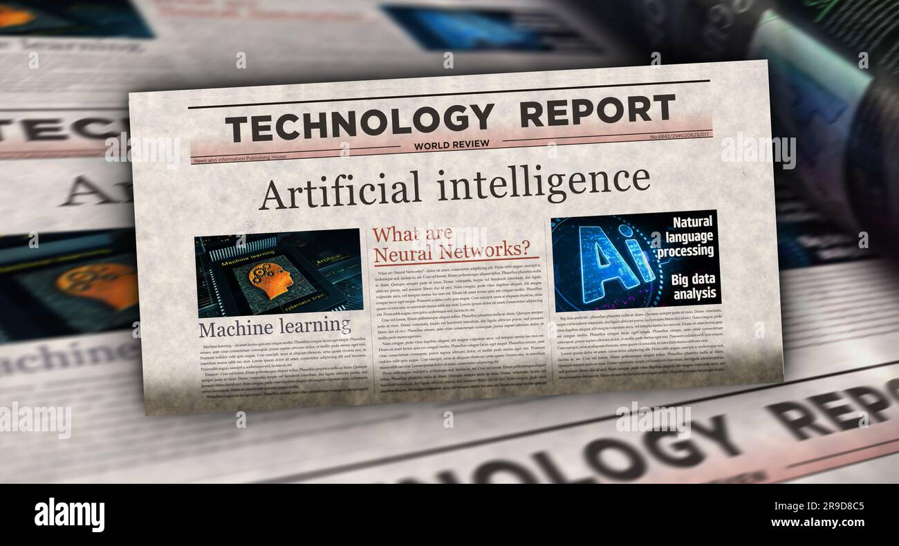 Artificial intelligence deep machine learning vintage news and newspaper printing. Abstract concept retro headlines 3d illustration. Stock Photo
