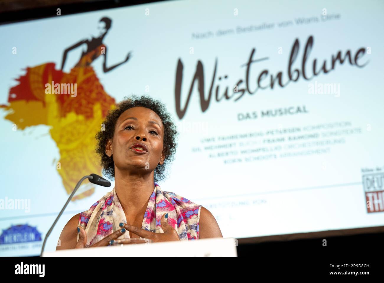 Munich, Germany. 26th June, 2023. Waris Dirie, author of the book of the same name, speaks at the press conference for the musical 'Desert Flower' at the Deutsches Theater. Credit: Peter Kneffel/dpa/Alamy Live News Stock Photo