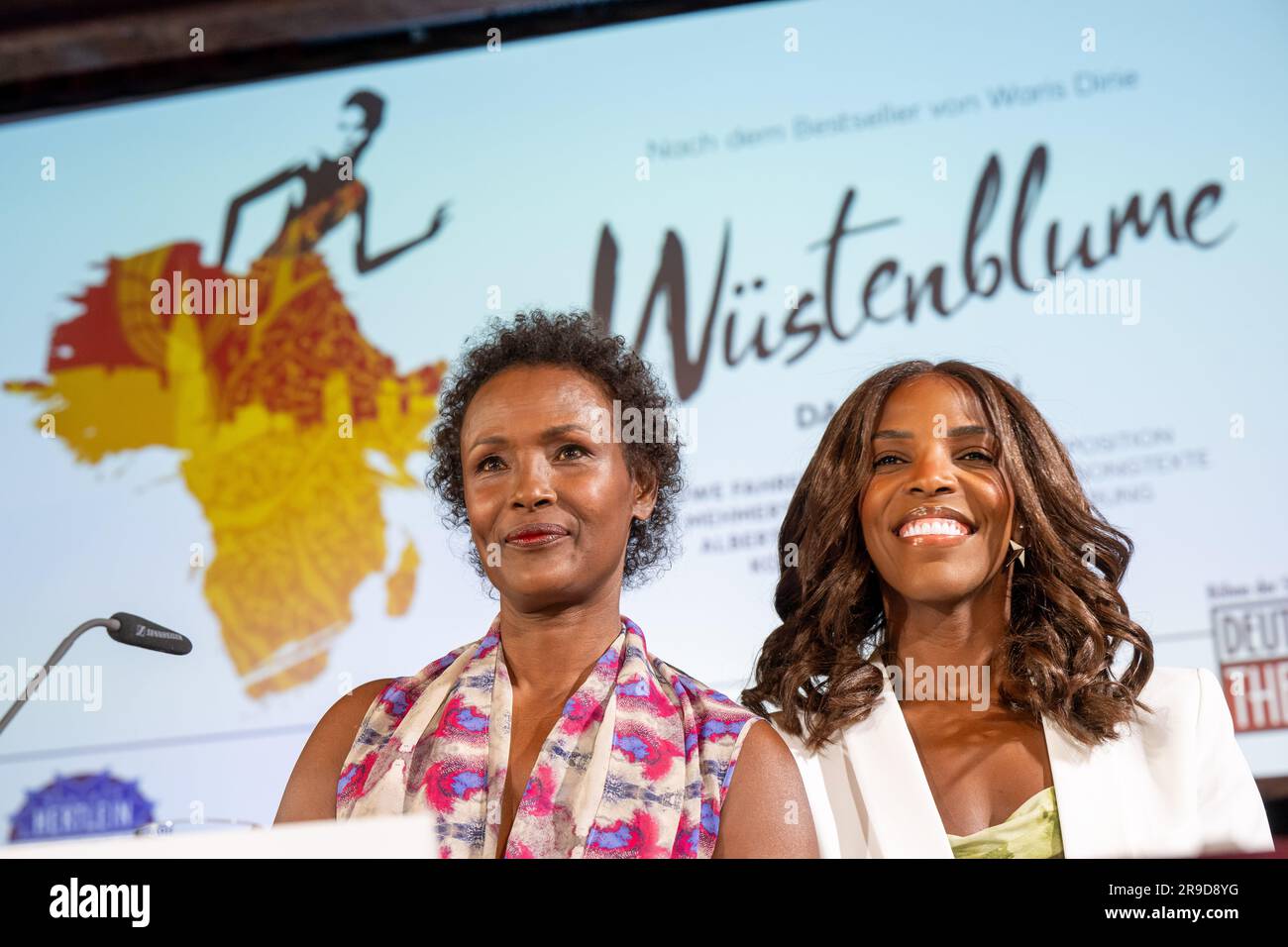 Munich, Germany. 26th June, 2023. Waris Dirie (l), author of the book of the same name, and Kerry Jean, musical actress, attend the press conference for the musical 'Desert Flower' at the Deutsches Theater. Kerry Jean plays the leading role of Waris Dirie. Credit: Peter Kneffel/dpa/Alamy Live News Stock Photo