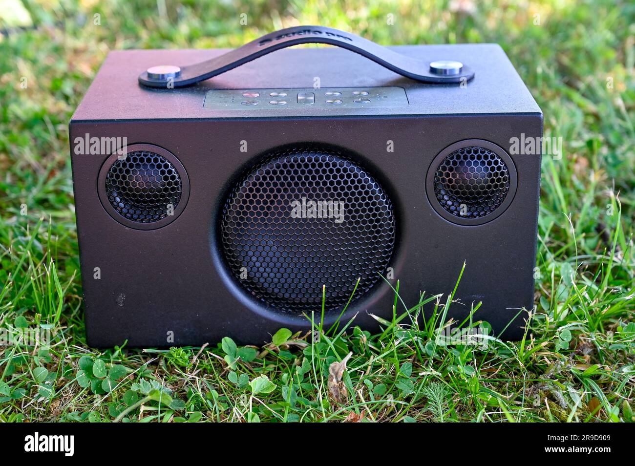 Portable wifi speaker Audio pro Addon C3 standing in grass Stock Photo -  Alamy