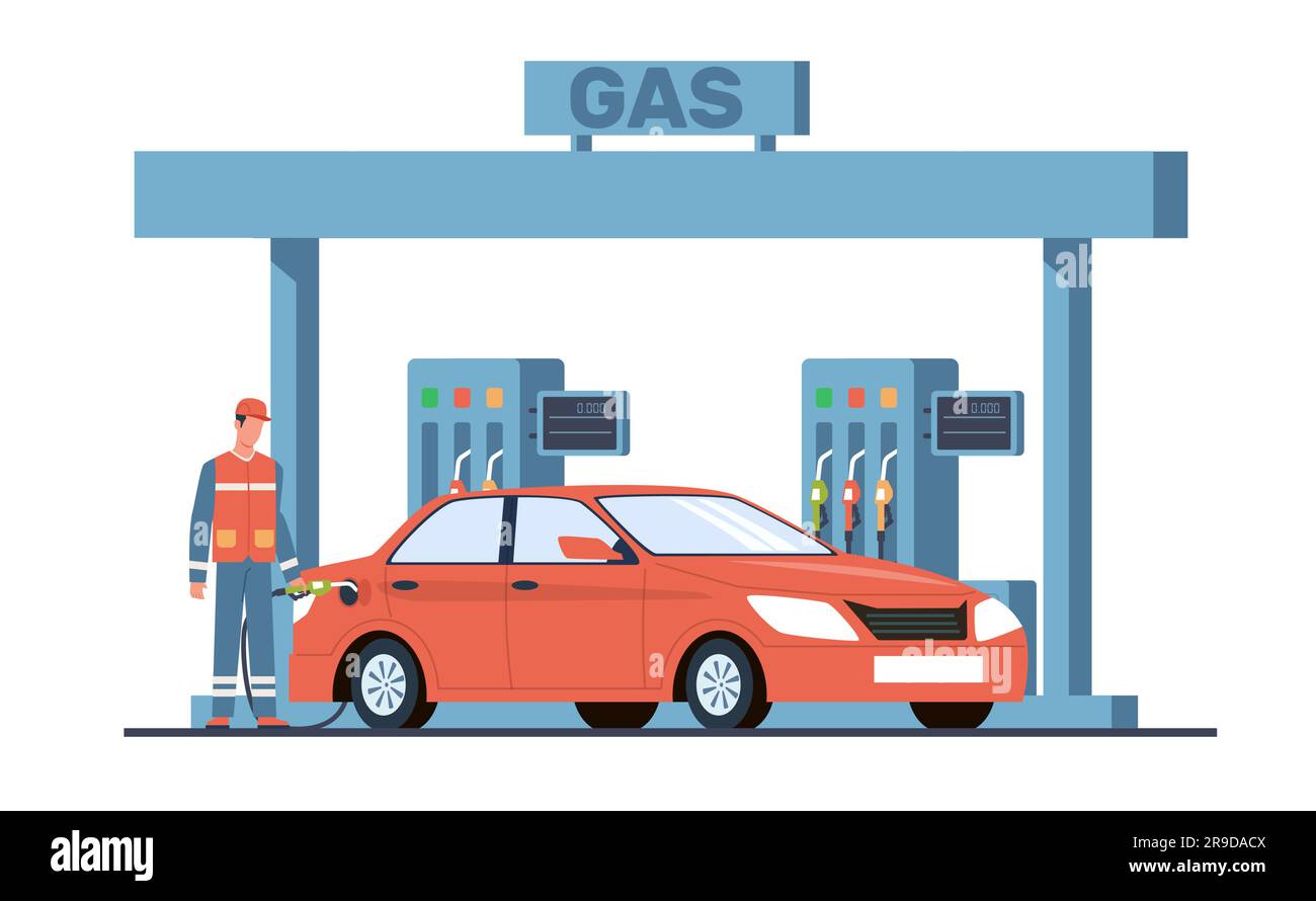 Gas station attendant pours fuel into car at gas station. Worker refueling automobile, transport service, oil or biofuel auto, petroleum or diesel Stock Vector