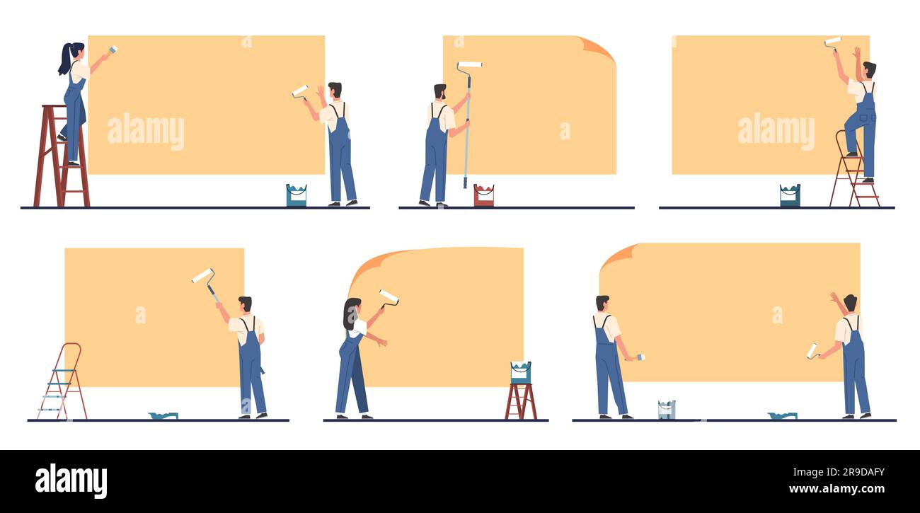 Men and women use rollers and brushes to glue posters with