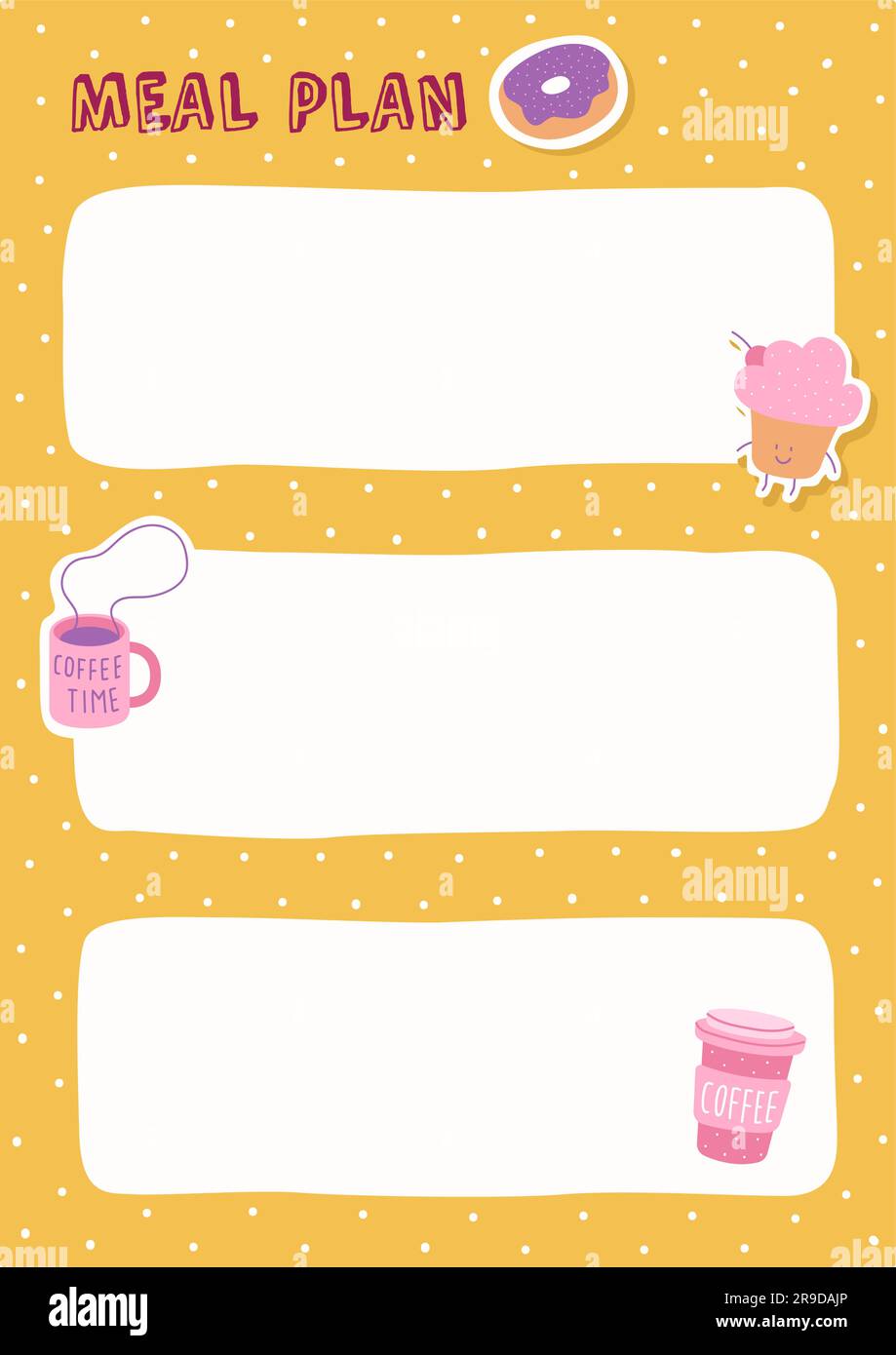Planner list. Meal plan, frame for text, cute coffee cups, muffin and