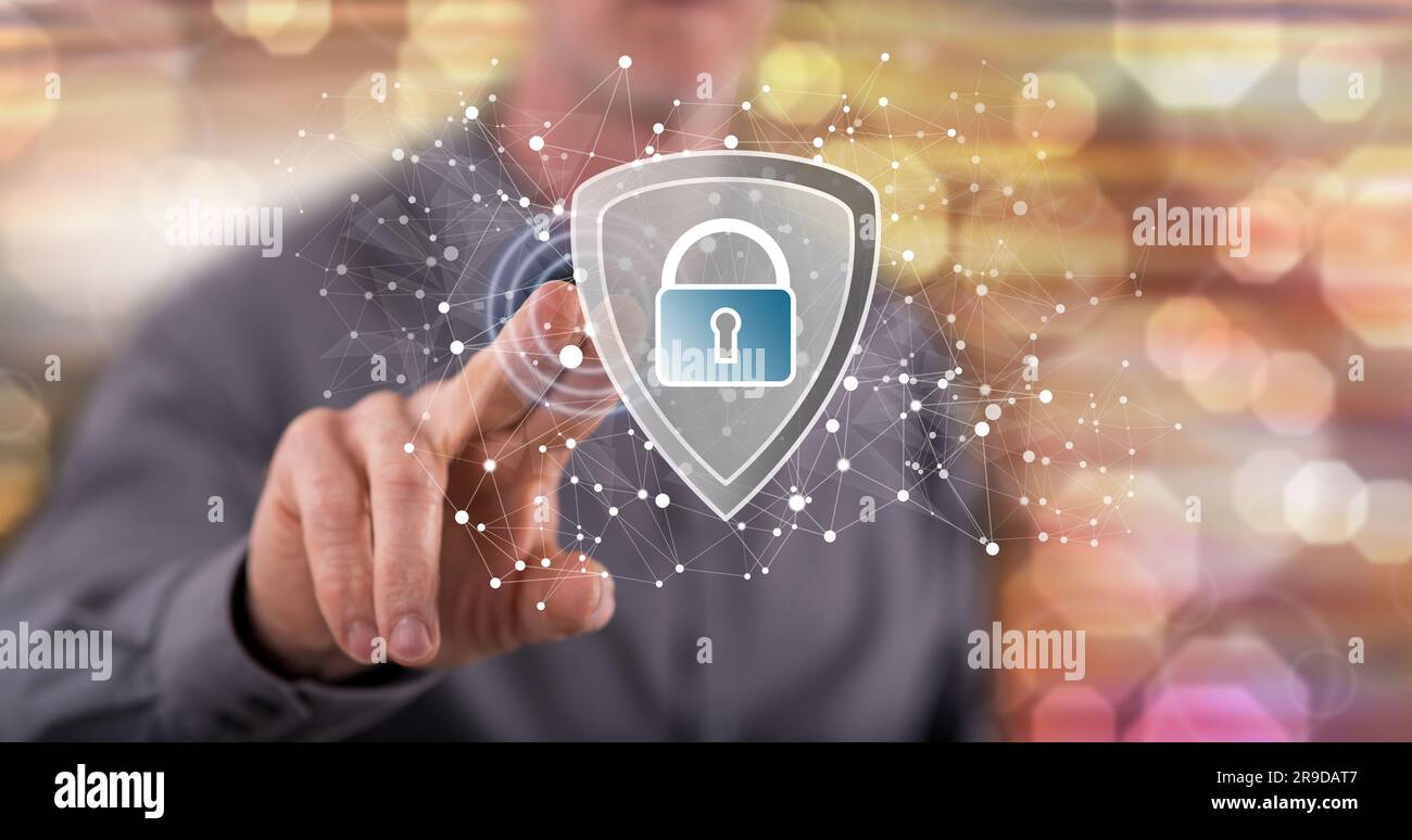 Man touching a data security concept on a touch screen with his finger ...